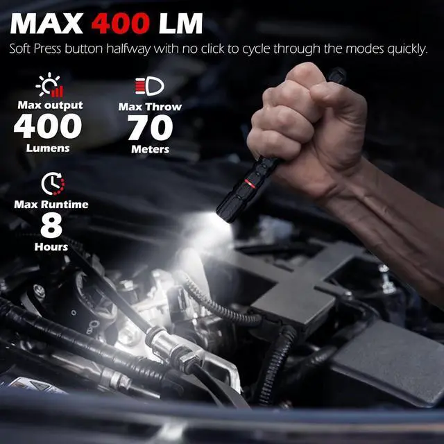 Alt view image 5 of 7 - FORTO Rechargeable Pen Light Flashlight, 400 Lumens Small Pocket Flashlight with Clip, IP67 Waterproof, 2 Light Modes, 3-Color Battery Indicator, Type-C Charging, for Inspection,Emergency1 Pack