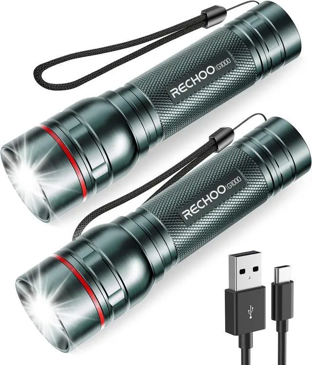 Main image of Rechargeable Flashlights High Lumens, G1000 Super Bright Flash Light 2 Pack, Small Zoomable LED Flashlight with 3 Lighting Modes, Portable Flashlight for Camping Essentials (Battery Included)-Grey