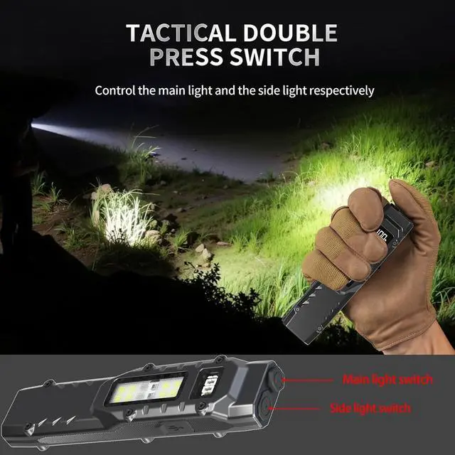 Alt view image 4 of 7 - EDC Tactical Flashlight DT007, Compact 7 Mode Pocket LED Flashlight - 1500LM, USB-C Rechargeable Digital Display, IPX5 with Side Light and Clip for Everyday Carry Travel (1, Black)