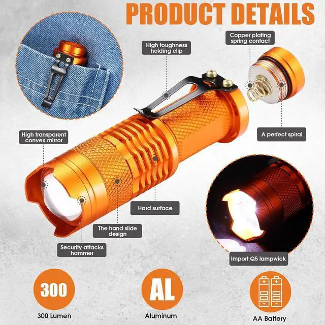 Alt view image 3 of 7 - Fumete 20 Pieces LED Flashlight Mini 3 Mode Tactical Torch Small Water Resistant Pocket Flash Light Adjustable Focus Light Pen for Men, Father, Indoor Outdoor Hiking(Orange)