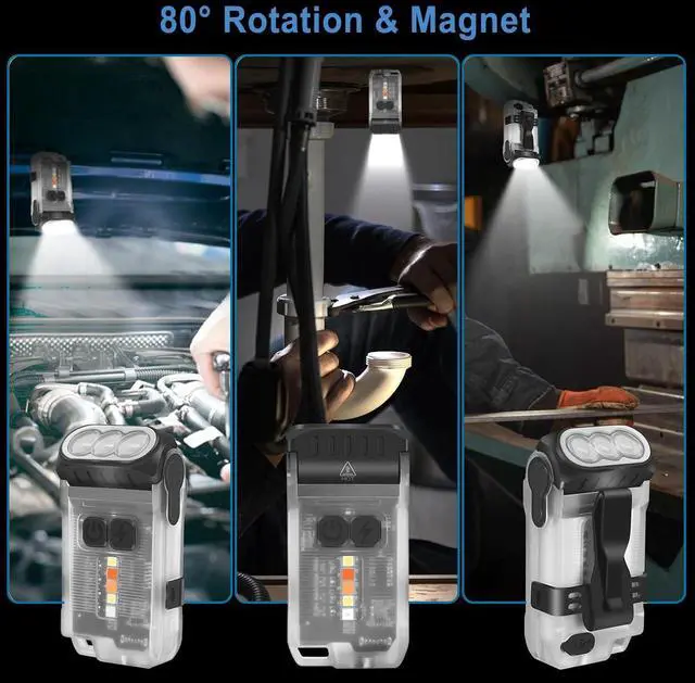 Alt view image 4 of 7 - BORUIT V15 Small Flashlight Powerful Super Bright with 80° Swivel Head, Clip Magent Warm Red Blue COB Light - Mini Pocket Keychain EDC Flashlights USB Rechargeable IP67 LED Flash Light