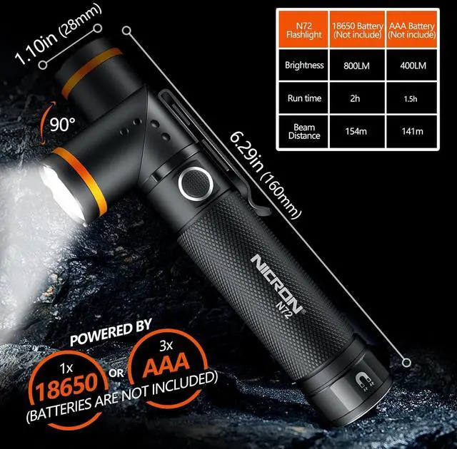 Alt view image 2 of 7 - NICRON Flashlight, N72 800 Lumens Tactical Flashlight, 90 Degree Flashlight IPX4 Waterproof Led Flashlight 4 Modes- Best High Lumens are for Camping, Outdoor,Maintain (18650/AAA Not Included)