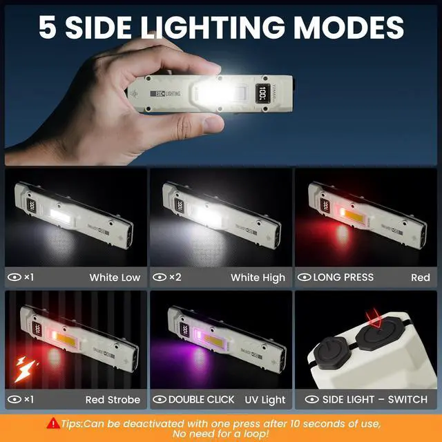 Alt view image 4 of 7 - Flat Flashlights Rechargeable Small Tactical Flashlight with Clip,Stainless Steel EDC Led Light with Digital Display,880 Lumen Pocket Flashlight Dual-Switches13 Modes for Home Use,Outdoor and Work