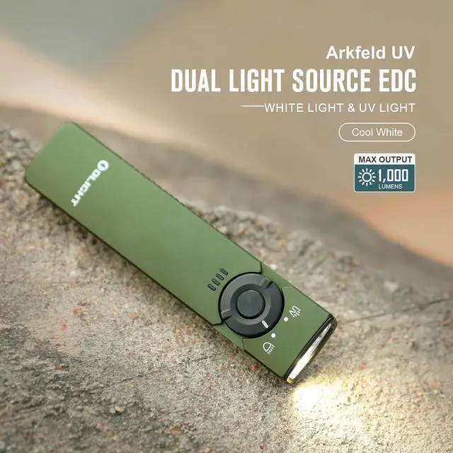 Alt view image 2 of 7 - OLIGHT Arkfeld UV Rechargeable EDC Flashlight, 1000 Lumens White LED and 365nm Blacklight Combo for Outdoors, Emergency, Working, Pet Urine Detection (OD Green CW)