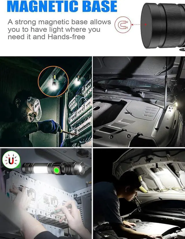 Alt view image 2 of 6 - Rechargeable LED Flashlights, Magnetic Flashlight Super Bright Tactical Flashlight with SideLight,USB Rechargeable,Zoomable,Waterproof Best Small Flashlight for Camping, Emergency