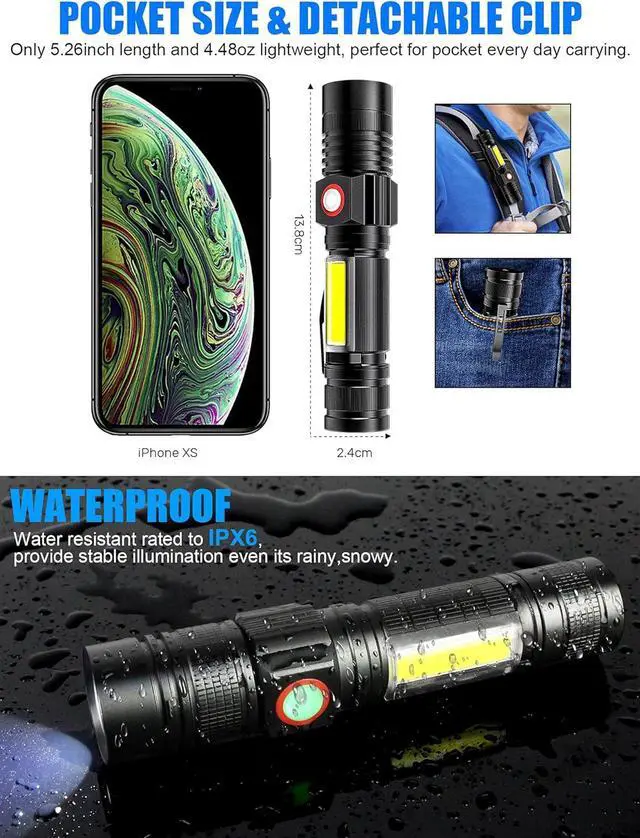 Alt view image 5 of 6 - Rechargeable LED Flashlights, Magnetic Flashlight Super Bright Tactical Flashlight with SideLight,USB Rechargeable,Zoomable,Waterproof Best Small Flashlight for Camping, Emergency