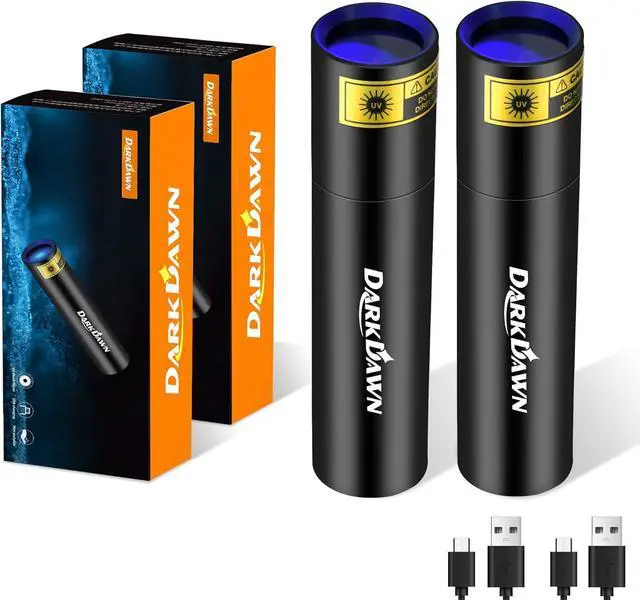 Main image of DARKBEAM UV Flashlight 365nm Woods Lamp USB Rechargeable Portable Blacklight LED Ultraviolet Light Mini, Detector for Pet Urine, Stains, Uranium Glass, Money, Amber 370nm, 2 Pack