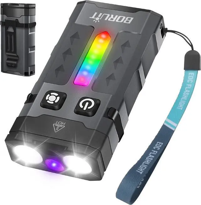 Main image of BORUIT EV20 LED Small EDC Flashlight with 365nm UV Light,1100 Lumen USB-C Rechargeable Pocket Keychain Flashlights with RGB Side Light,IP66 Waterproof,Clip & Tail Magnet for Camping,Aluminum Black