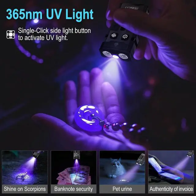 Alt view image 3 of 7 - BORUIT EV20 LED Small EDC Flashlight with 365nm UV Light,1100 Lumen USB-C Rechargeable Pocket Keychain Flashlights with RGB Side Light,IP66 Waterproof,Clip & Tail Magnet for Camping,Aluminum Black