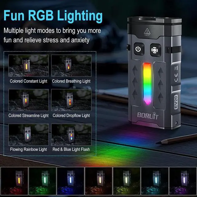 Alt view image 5 of 7 - BORUIT EV20 LED Small EDC Flashlight with 365nm UV Light,1100 Lumen USB-C Rechargeable Pocket Keychain Flashlights with RGB Side Light,IP66 Waterproof,Clip & Tail Magnet for Camping,Aluminum Black
