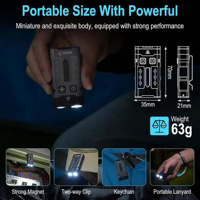 Alt view image 6 of 7 - BORUIT EV20 LED Small EDC Flashlight with 365nm UV Light,1100 Lumen USB-C Rechargeable Pocket Keychain Flashlights with RGB Side Light,IP66 Waterproof,Clip & Tail Magnet for Camping,Aluminum Black