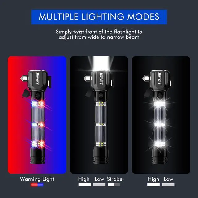 Alt view image 3 of 7 - NPET T10-5 Solar Flashlight Car Flashlight Zoomable 1000 Lumens LED COB Light USB Rechargeable Tactical Multi-Function Torch Emergency Tool with Window Breaker Seat Belt Cutter Compass Siren