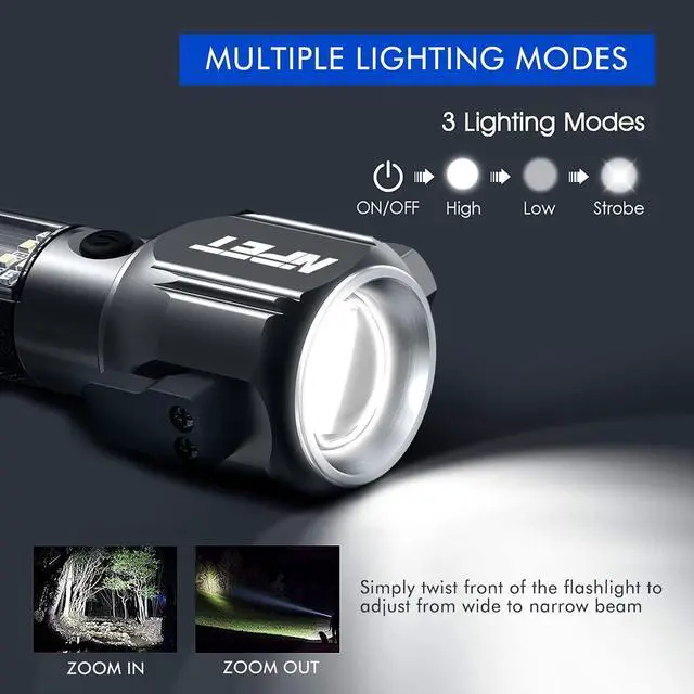 Alt view image 2 of 7 - NPET T10-5 Solar Flashlight Car Flashlight Zoomable 1000 Lumens LED COB Light USB Rechargeable Tactical Multi-Function Torch Emergency Tool with Window Breaker Seat Belt Cutter Compass Siren