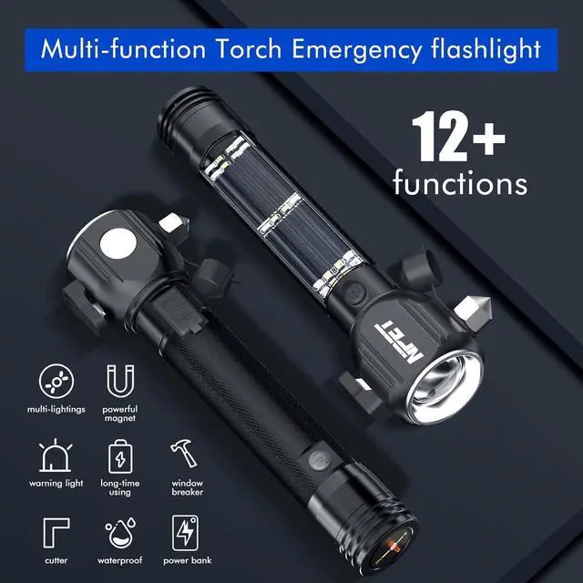 Alt view image 4 of 7 - NPET T10-5 Solar Flashlight Car Flashlight Zoomable 1000 Lumens LED COB Light USB Rechargeable Tactical Multi-Function Torch Emergency Tool with Window Breaker Seat Belt Cutter Compass Siren
