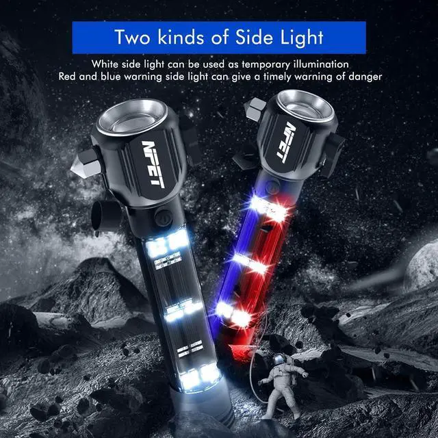 Alt view image 5 of 7 - NPET T10-5 Solar Flashlight Car Flashlight Zoomable 1000 Lumens LED COB Light USB Rechargeable Tactical Multi-Function Torch Emergency Tool with Window Breaker Seat Belt Cutter Compass Siren