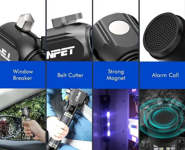 Alt view image 6 of 7 - NPET T10-5 Solar Flashlight Car Flashlight Zoomable 1000 Lumens LED COB Light USB Rechargeable Tactical Multi-Function Torch Emergency Tool with Window Breaker Seat Belt Cutter Compass Siren