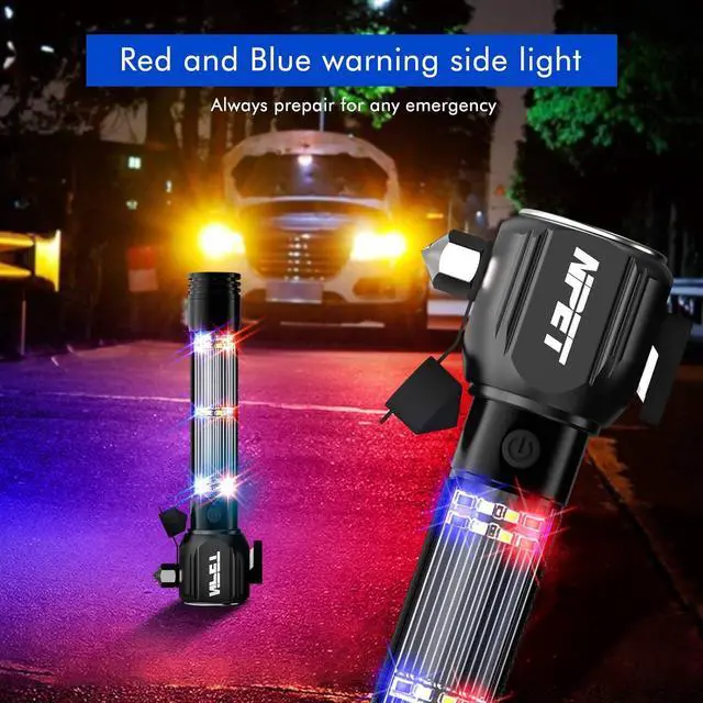 Alt view image 7 of 7 - NPET T10-5 Solar Flashlight Car Flashlight Zoomable 1000 Lumens LED COB Light USB Rechargeable Tactical Multi-Function Torch Emergency Tool with Window Breaker Seat Belt Cutter Compass Siren