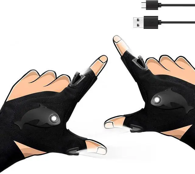 Main image of LED Rechargeable Flashlight Gloves, Gifts for Men, for Dad, Cool Stretchy Fingerless Light Gloves Gadget for Repairing Fishing Camping and Car Repairing, 1 Pair