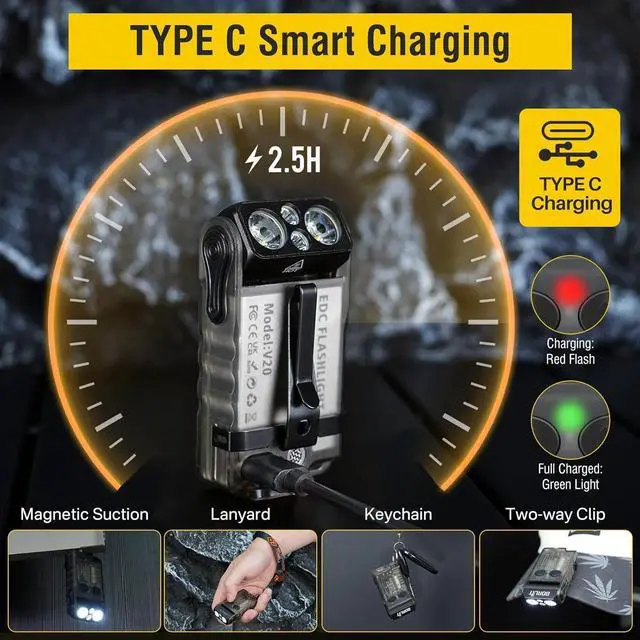 Alt view image 7 of 7 - BORUIT V20 Small Powerful Flashlight Super Bright with Red Blue Warm Light, 180° Head Swivels 110dB Buzzer - Mini Keychain Pocket Rechargeable LED Flashlights USB EDC Clip Flash Light