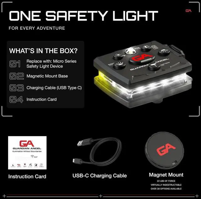 Alt view image 4 of 7 - Guardian Angel Micro Series Safety Lights (All White Front & Yellow Rear) - Rechargeable, Magnetic & Hands-Free LED Flashlight for Dog Walking, Running, Cycling, Hiking, Camping, Fishing & More