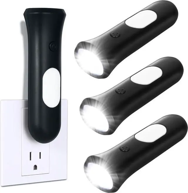 4 in 1 Emergency Lights for Home Power Failure, 3 Pcs Rechargeable LED Flashlight Plug in Wall, Automatic Turn-On Power Outage Night Light Flashlight for Hurricane Preparedness Items, Black