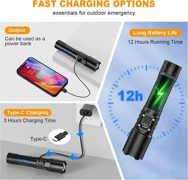 Alt view image 5 of 7 - Flashlights High Lumens Rechargeable, Zoomable Rechargeable Flashlights, Super Bright Flashlight, 6 Mode Tactical Flashlight, LED Flashlight High Powered, Waterproof Flash Lights for Camping