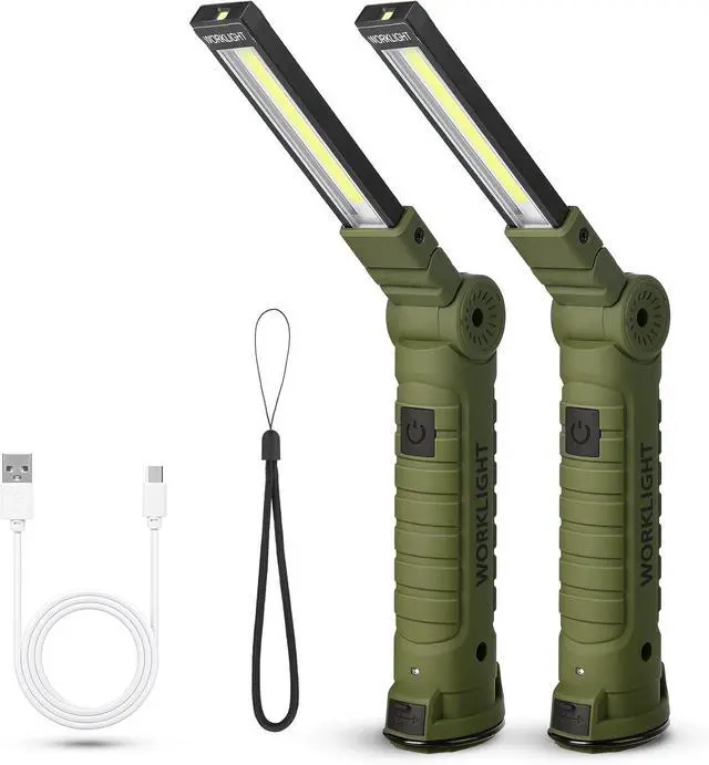 Main image of Suranew LED Worklight Flashlight, COB Rechargeable Work Lights with Magnetic Base 360 Degree Rotate and 5 Modes Portable Flood Light Inspection Construction Light for Car Repair (Army Green, 2 Pack)