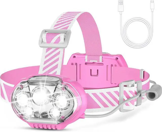 Main image of Rechargeable Headlamp, High Lumen Bright 5 LED Head Lamp with Red White Light,IPX4 Waterproof Headlight,8 Mode Head Flashlight for Outdoor Running Hunting Fishing Hiking Camping Gear-Pink