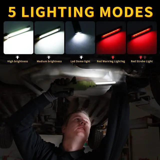 Alt view image 3 of 7 - Suranew LED Worklight Flashlight, COB Rechargeable Work Lights with Magnetic Base 360 Degree Rotate and 5 Modes Portable Flood Light Inspection Construction Light for Car Repair (Army Green, 2 Pack)