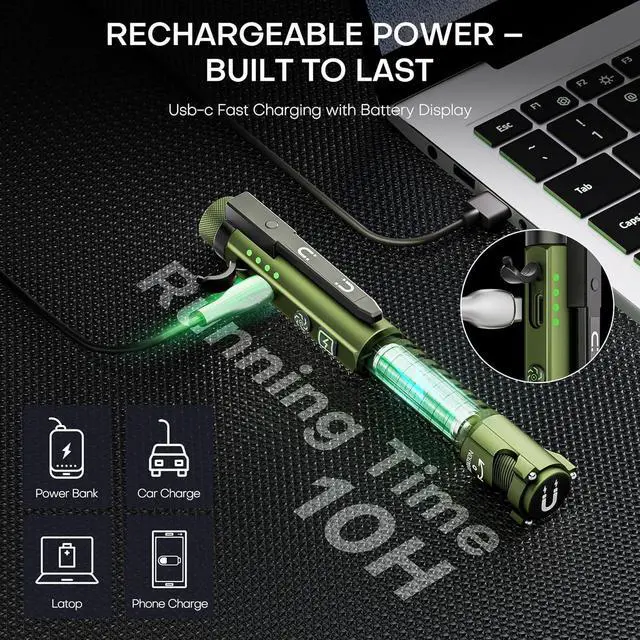 Alt view image 4 of 7 - EDC Flashlight Rechargeable,800 Lumen Small Flashlight with Magnetic Clip & Base, 11 Modes LED Flashlight,Glass Breaker&Bottle Opener, USB-C Flashlight for Working,Home and Emergency