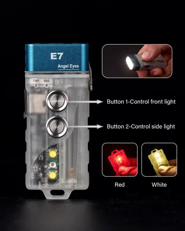 Alt view image 3 of 7 - RovyVon E7 Hybrid Battery EDC Flashlight,Max 700 Lumen with Dual LED 6500K Cool White,Pocket Size USB-C Rechargeable Keychain Flashlight,Lock Mode,Power by Built-in Li-po/Replaceable AAA(White/Red)