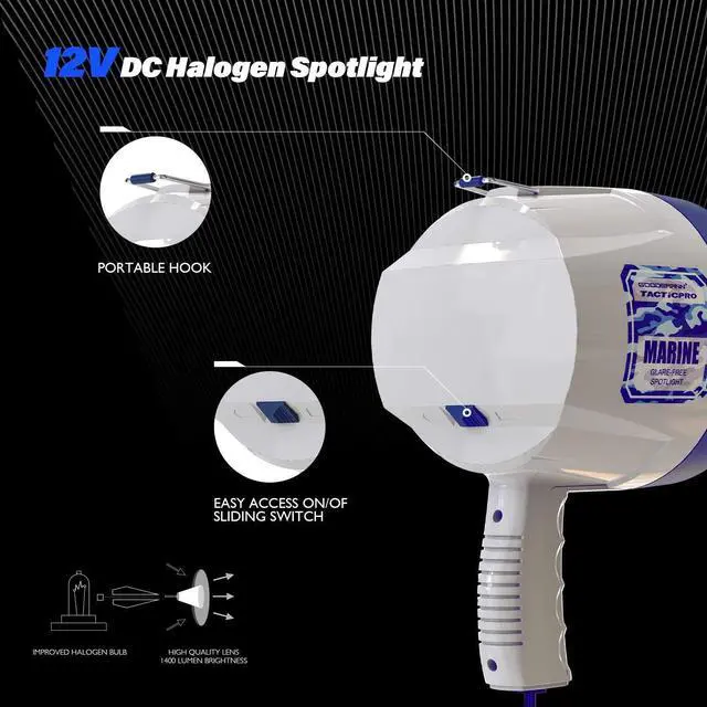 Alt view image 6 of 7 - GOODSMANN Marine Spotlight Corded Handheld Corded Spot Lights for Boats 12 Volt DC Glare-Free Halogen Spotlight 9924-H202-01