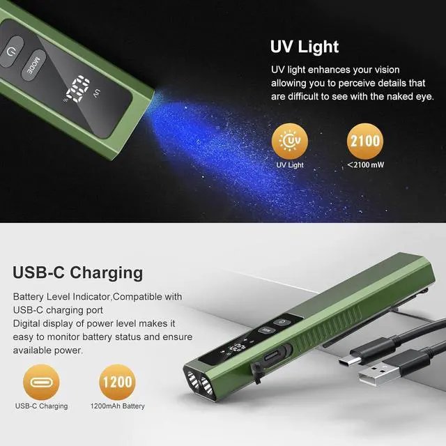 Alt view image 4 of 7 - Rechargeable EDC Flat Flashlights, 5 IN1 PRO Flashlight with Green Beam, UV and White LED Combo, 800 Hight Lumens Pocket Lights with Magnet/Bag, Portable Light for Work and Emergency(Green)