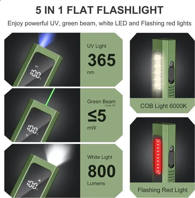 Alt view image 2 of 7 - Rechargeable EDC Flat Flashlights, 5 IN1 PRO Flashlight with Green Beam, UV and White LED Combo, 800 Hight Lumens Pocket Lights with Magnet/Bag, Portable Light for Work and Emergency(Green)
