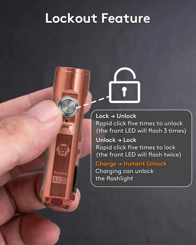 Alt view image 4 of 6 - RovyVon Aurora A9 Pro G4 Copper Keychain Flashlights, Max 650 High Lumens Super Bright with EDC Pocket-Sized,USB C Rechargeable, Momentary On, Lock Mode, Gift for Outdoor