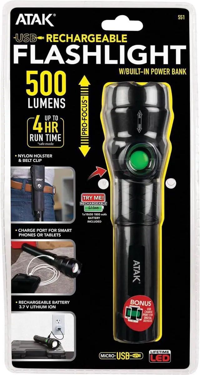 Alt view image 3 of 5 - Performance Tool 551 Pro-Focus 500 lumens Black LED Lithium-Ion Rechargeable Flashlight, 500 lumens LED Rechargeable Flashlight