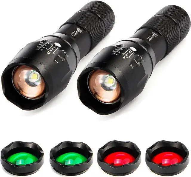Main image of ULTRAFIRE 2 Pack A100 LED Hunting Flashlight,800 Lumen 3-Color-Light Tactical Flashlight 5 Modes Zoomable Small LED Hand held Flashlights (White Light/RED Light/Green Light)