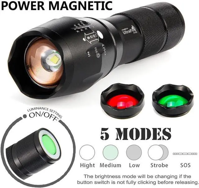 Alt view image 2 of 7 - ULTRAFIRE 2 Pack A100 LED Hunting Flashlight,800 Lumen 3-Color-Light Tactical Flashlight 5 Modes Zoomable Small LED Hand held Flashlights (White Light/RED Light/Green Light)