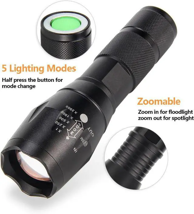 Alt view image 3 of 7 - ULTRAFIRE 2 Pack A100 LED Hunting Flashlight,800 Lumen 3-Color-Light Tactical Flashlight 5 Modes Zoomable Small LED Hand held Flashlights (White Light/RED Light/Green Light)