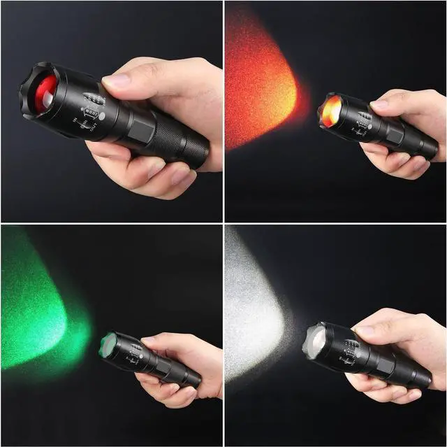 Alt view image 6 of 7 - ULTRAFIRE 2 Pack A100 LED Hunting Flashlight,800 Lumen 3-Color-Light Tactical Flashlight 5 Modes Zoomable Small LED Hand held Flashlights (White Light/RED Light/Green Light)