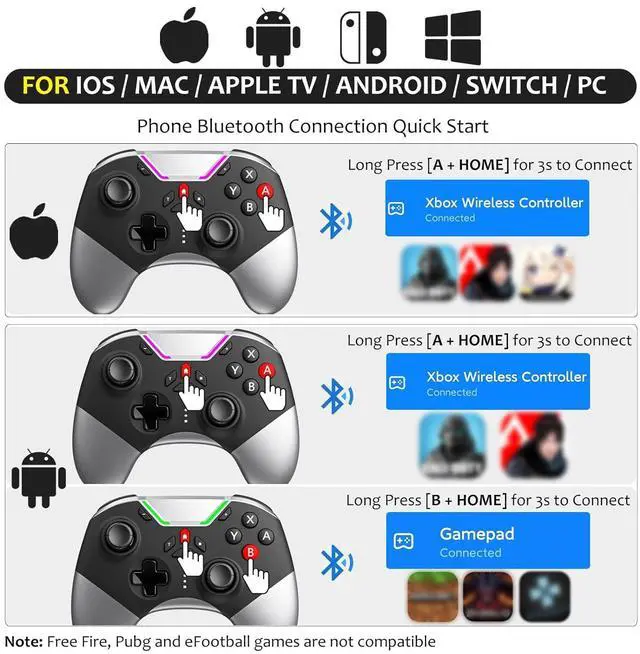 Alt view image 2 of 7 - Bluetooth Controller for Switch/PC/iPhone/Android/Apple Arcade MFi Games/TV/Steam, Hall Effect Joysticks Wireless Game Controller Gamepad with/Phone Clip/Lock Speed/Macro/6-Axis Gyro/Dual Motors/Turbo