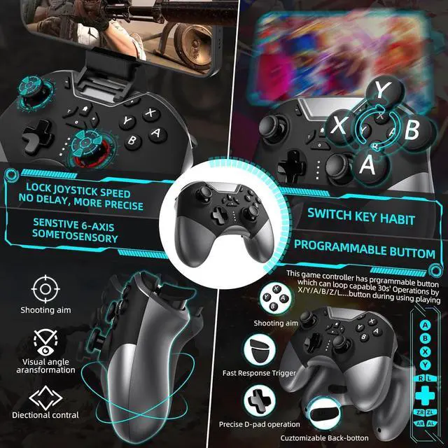 Alt view image 3 of 7 - Bluetooth Controller for Switch/PC/iPhone/Android/Apple Arcade MFi Games/TV/Steam, Hall Effect Joysticks Wireless Game Controller Gamepad with/Phone Clip/Lock Speed/Macro/6-Axis Gyro/Dual Motors/Turbo