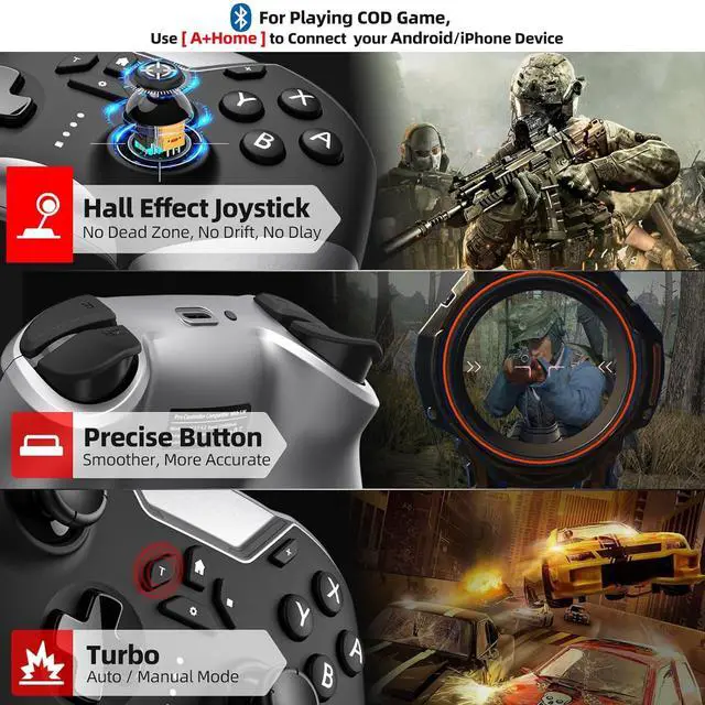 Alt view image 4 of 7 - Bluetooth Controller for Switch/PC/iPhone/Android/Apple Arcade MFi Games/TV/Steam, Hall Effect Joysticks Wireless Game Controller Gamepad with/Phone Clip/Lock Speed/Macro/6-Axis Gyro/Dual Motors/Turbo