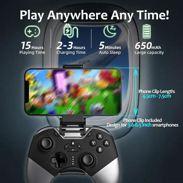 Alt view image 6 of 7 - Bluetooth Controller for Switch/PC/iPhone/Android/Apple Arcade MFi Games/TV/Steam, Hall Effect Joysticks Wireless Game Controller Gamepad with/Phone Clip/Lock Speed/Macro/6-Axis Gyro/Dual Motors/Turbo