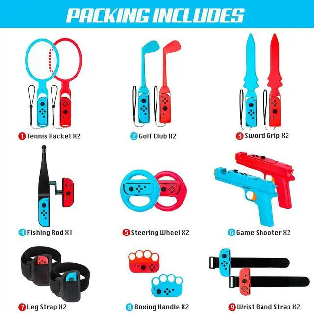 Alt view image 2 of 7 - JoyHood Switch Sports Accessories Bundle Compatible with Switch/Switch OLED, 17-in-1 Family Sports Games Accessories Kit for Joy-Con Controller, Switch Sports Accessories for Kids & Adults