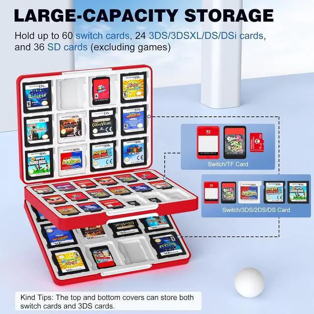 Alt view image 2 of 7 - MoKo 60 Game Card Case for Nintendo Switch 2 / Switch OLED / 3DS / 3DSXL, Portable Storage Holder Case for 60 Switch 2 Game Cartridges & 24 3DS Card & 36 Micro SD Cards, Red Ball