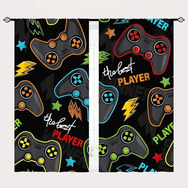 Alt view image 2 of 7 - Boys Kids Gaming Curtains Rod Pocket Gamer Gamepad Abstract Video Game Player Joystick Print Pattern Window Drapes for Man Teen Youth Nursery Baby Bedroom Playroom W42 x L84 Inch 2 Panels