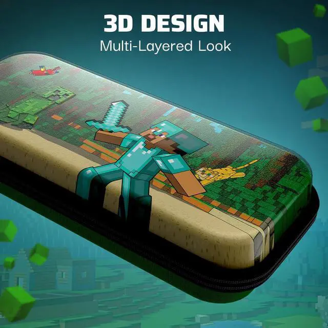 Alt view image 2 of 7 - PDP REALMz Nintendo Switch Travel Case Plus GLOW with Wrist Strap, Built-in Stand & Game Storage Pockets, Officially Licensed: Minecraft Forest Battle (Glow in the Dark)