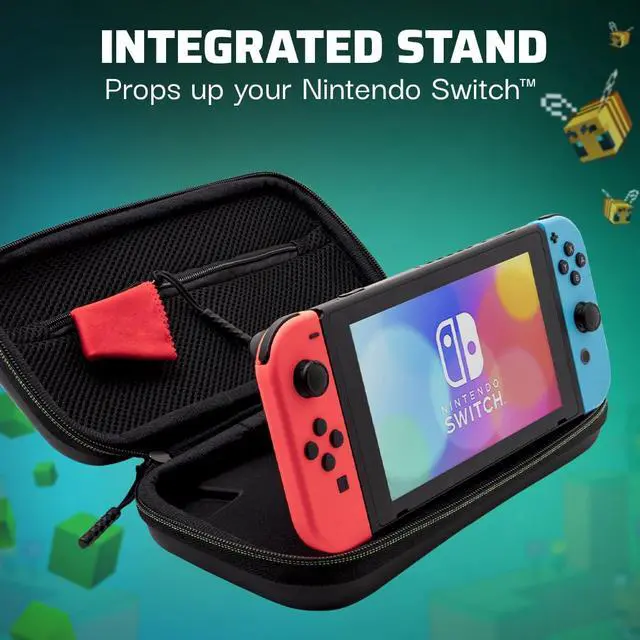 Alt view image 3 of 7 - PDP REALMz Nintendo Switch Travel Case Plus GLOW with Wrist Strap, Built-in Stand & Game Storage Pockets, Officially Licensed: Minecraft Forest Battle (Glow in the Dark)