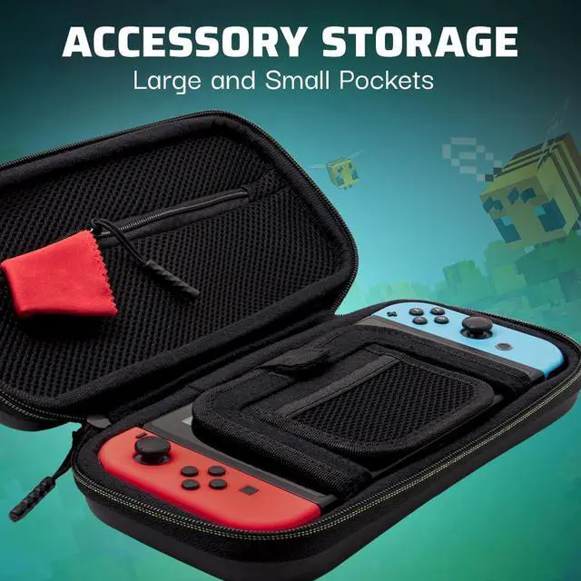 Alt view image 5 of 7 - PDP REALMz Nintendo Switch Travel Case Plus GLOW with Wrist Strap, Built-in Stand & Game Storage Pockets, Officially Licensed: Minecraft Forest Battle (Glow in the Dark)